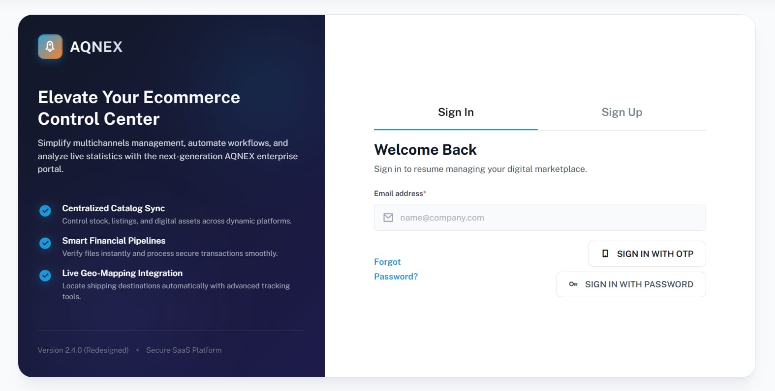 The AQNEX portal sign-in screen: a branded panel headed "Elevate Your Ecommerce Control Center" listing centralised catalogue sync, financial pipelines and geo-mapping, beside a sign-in form offering one-time-code or password entry