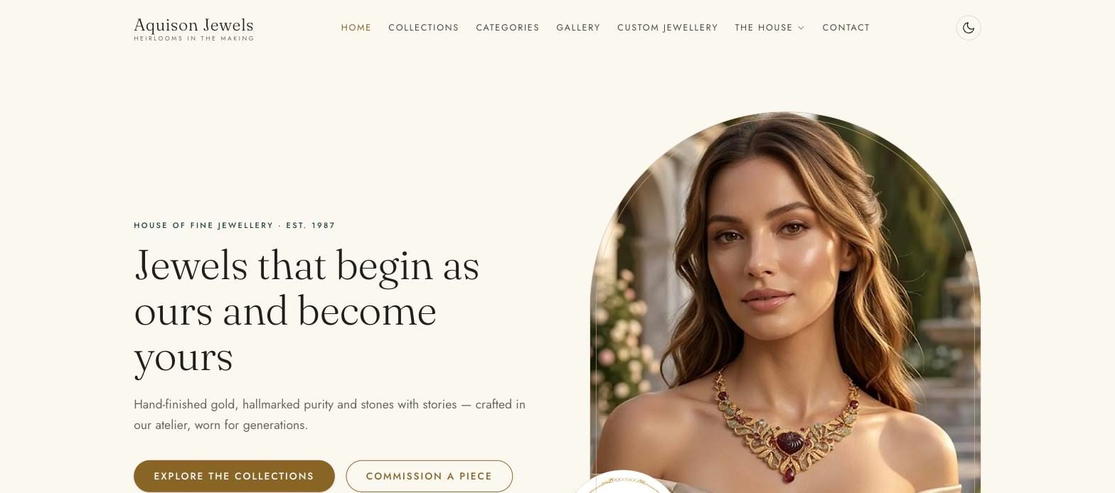 The Aquison Jewels home page: the serif headline "Jewels that begin as ours and become yours" over buttons reading "Explore the collections" and "Commission a piece", beside an arched portrait of a woman wearing a gold and ruby bridal necklace